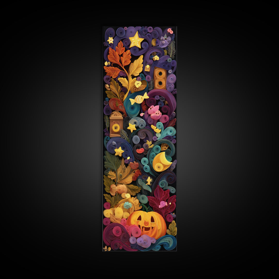 The Dancing Autumn Leaves, Quilled Halloween Art, Tall Narrow Wall Art, Framed Canvas Print, Cute Halloween Wall Art