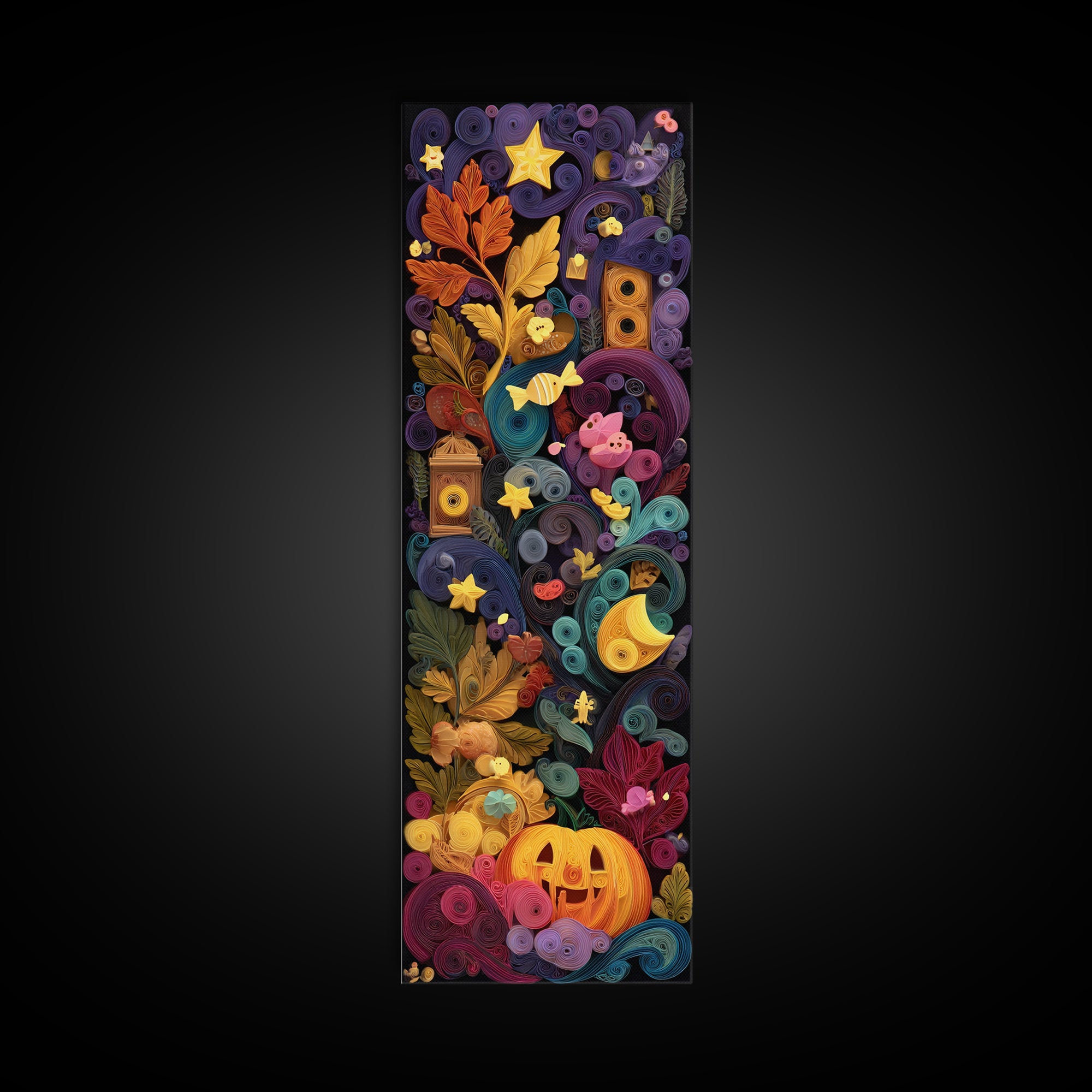 The Dancing Autumn Leaves, Quilled Halloween Art, Tall Narrow Wall Art, Framed Canvas Print, Cute Halloween Wall Art