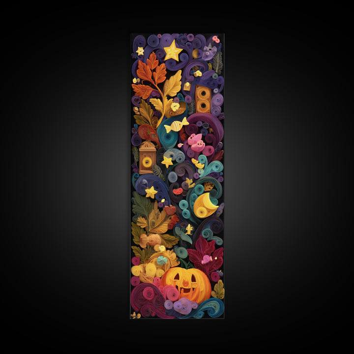 The Dancing Autumn Leaves, Quilled Halloween Art, Tall Narrow Wall Art, Framed Canvas Print, Cute Halloween Wall Art