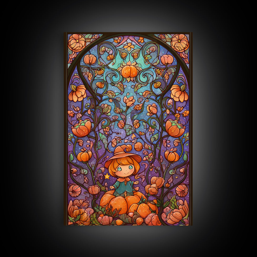 The Pumpkin Flower Garden, Stained Glass Halloween, Vertical Wall Art, Canvas Print, Cute Halloween Wall Art