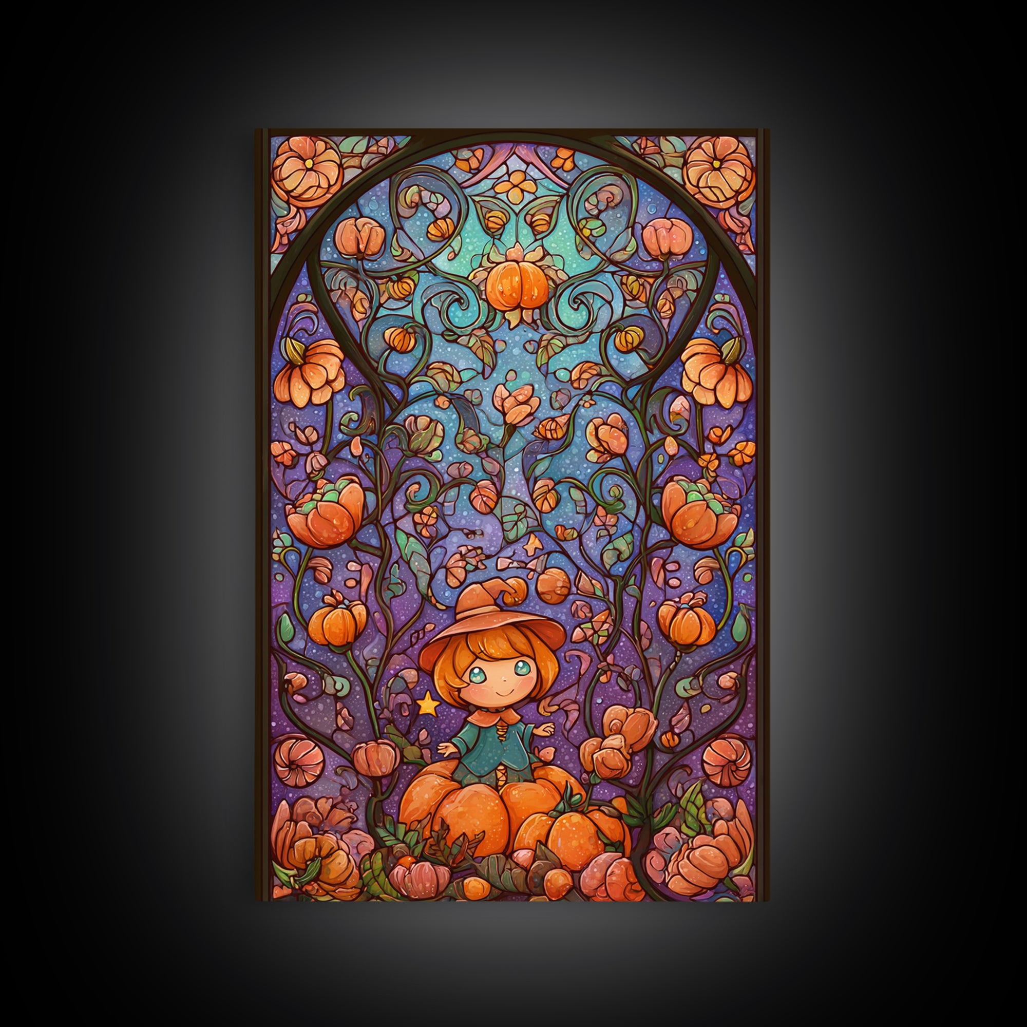 The Pumpkin Flower Garden, Stained Glass Halloween, Vertical Wall Art, Canvas Print, Cute Halloween Wall Art