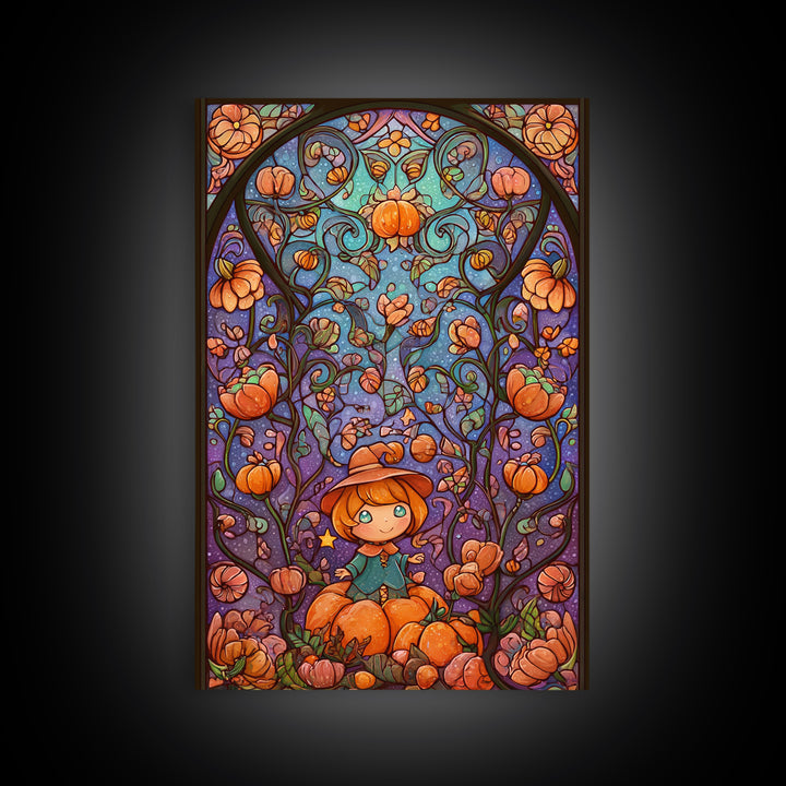The Pumpkin Flower Garden, Stained Glass Halloween, Vertical Wall Art, Canvas Print, Cute Halloween Wall Art