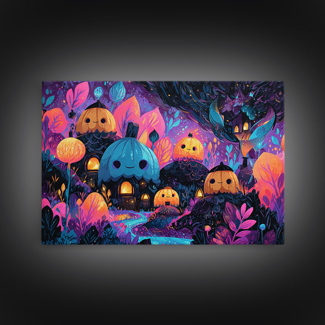 The Moonlit Acorn Village, Vaporwave Halloween Art, Landscape Wall Art, Framed Canvas Print, Cute Halloween Wall Art