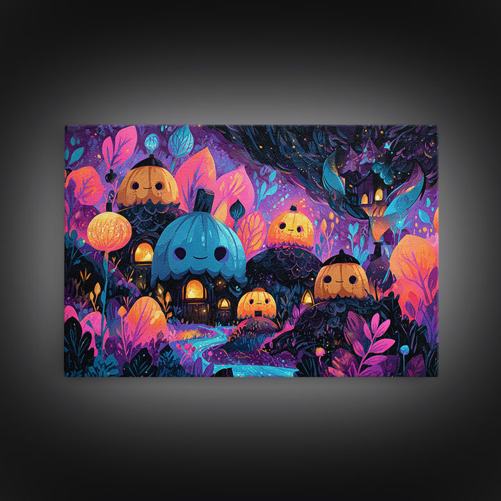 The Moonlit Acorn Village, Vaporwave Halloween Art, Landscape Wall Art, Framed Canvas Print, Cute Halloween Wall Art