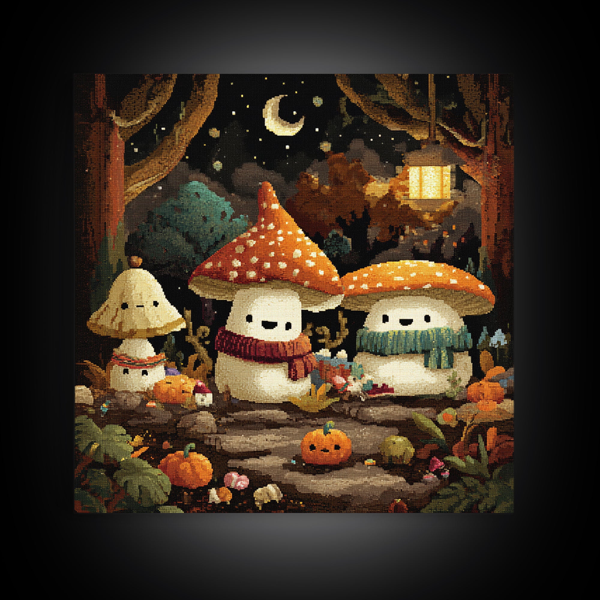 The Friendly Mushroom Forest, Pixel Halloween Art, Square Wall Art, Canvas Print, Cute Halloween Wall Art