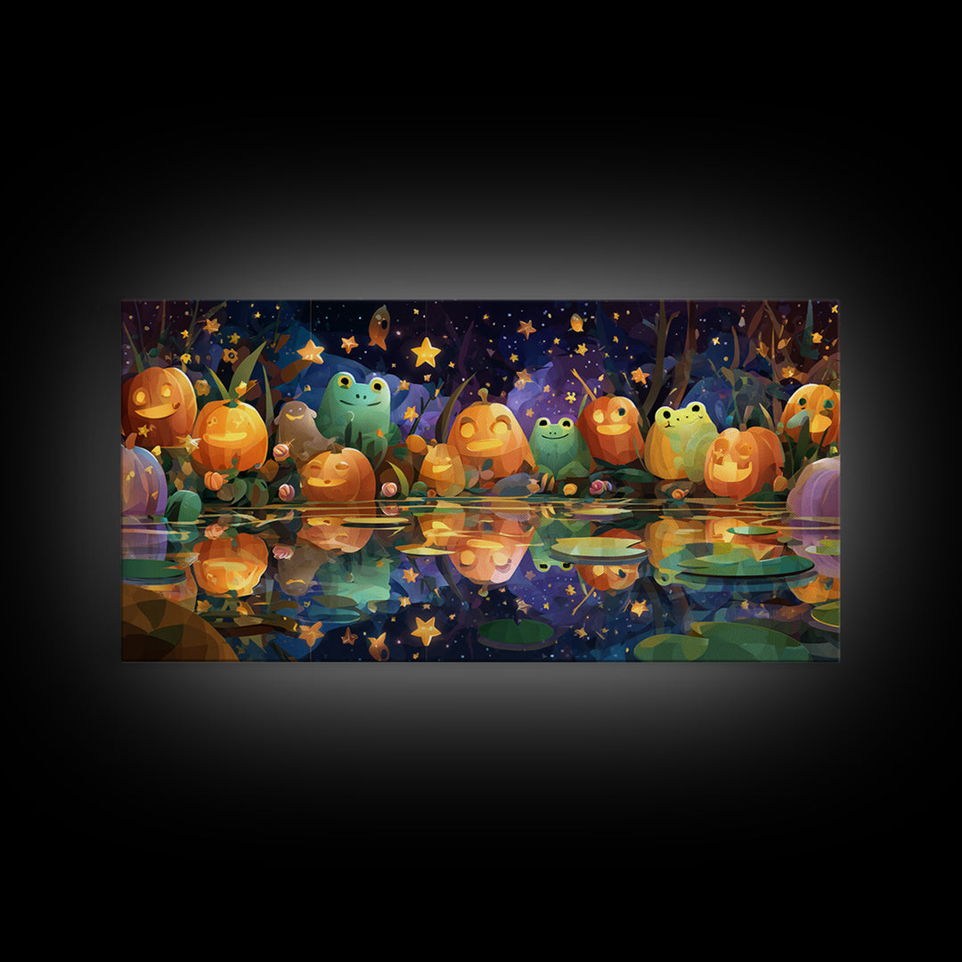 The Star-Filled Pumpkin Pond, Vector Halloween Art, Wide Panoramic Art, Framed Canvas Print, Cute Halloween Wall Art
