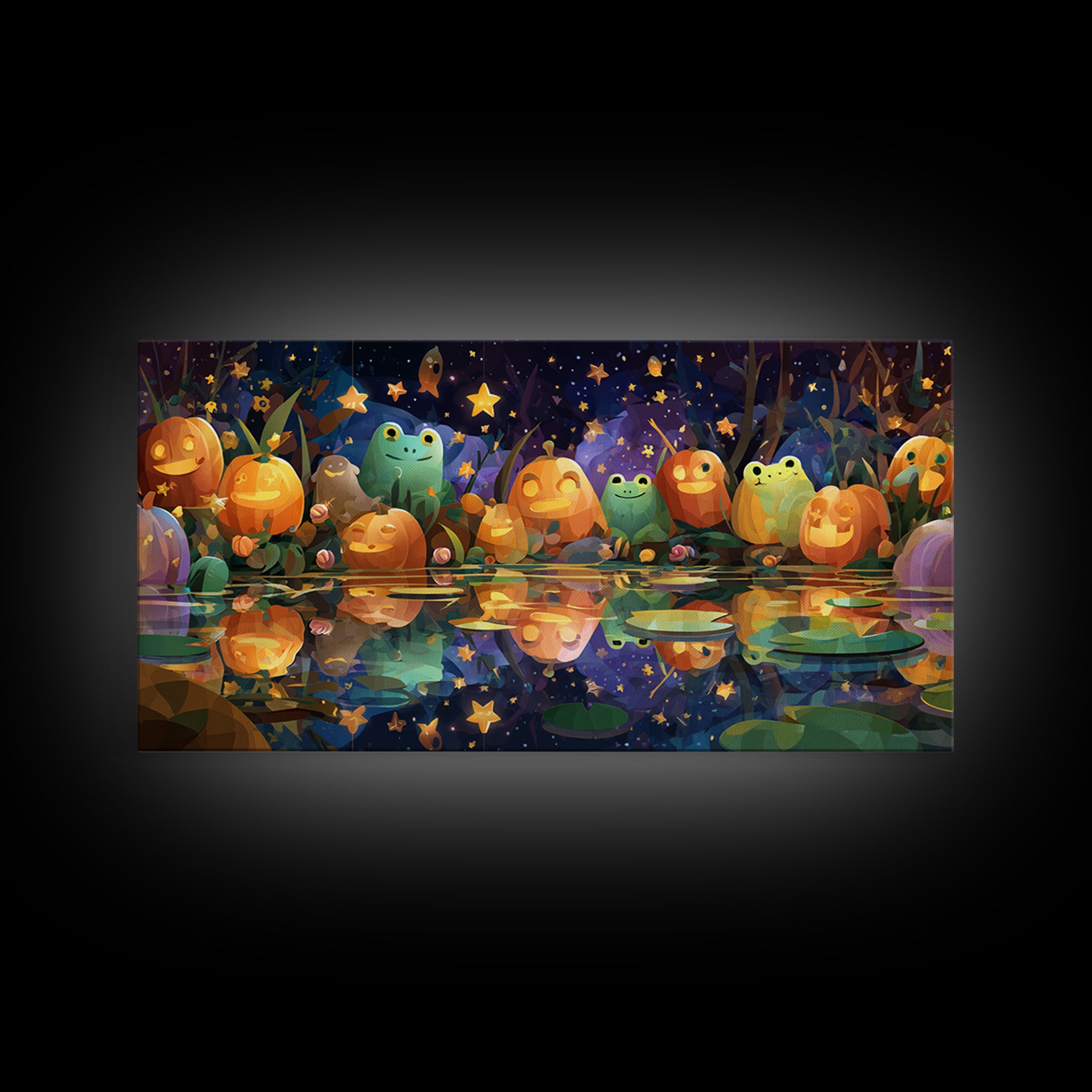 The Star-Filled Pumpkin Pond, Vector Halloween Art, Wide Panoramic Art, Framed Canvas Print, Cute Halloween Wall Art