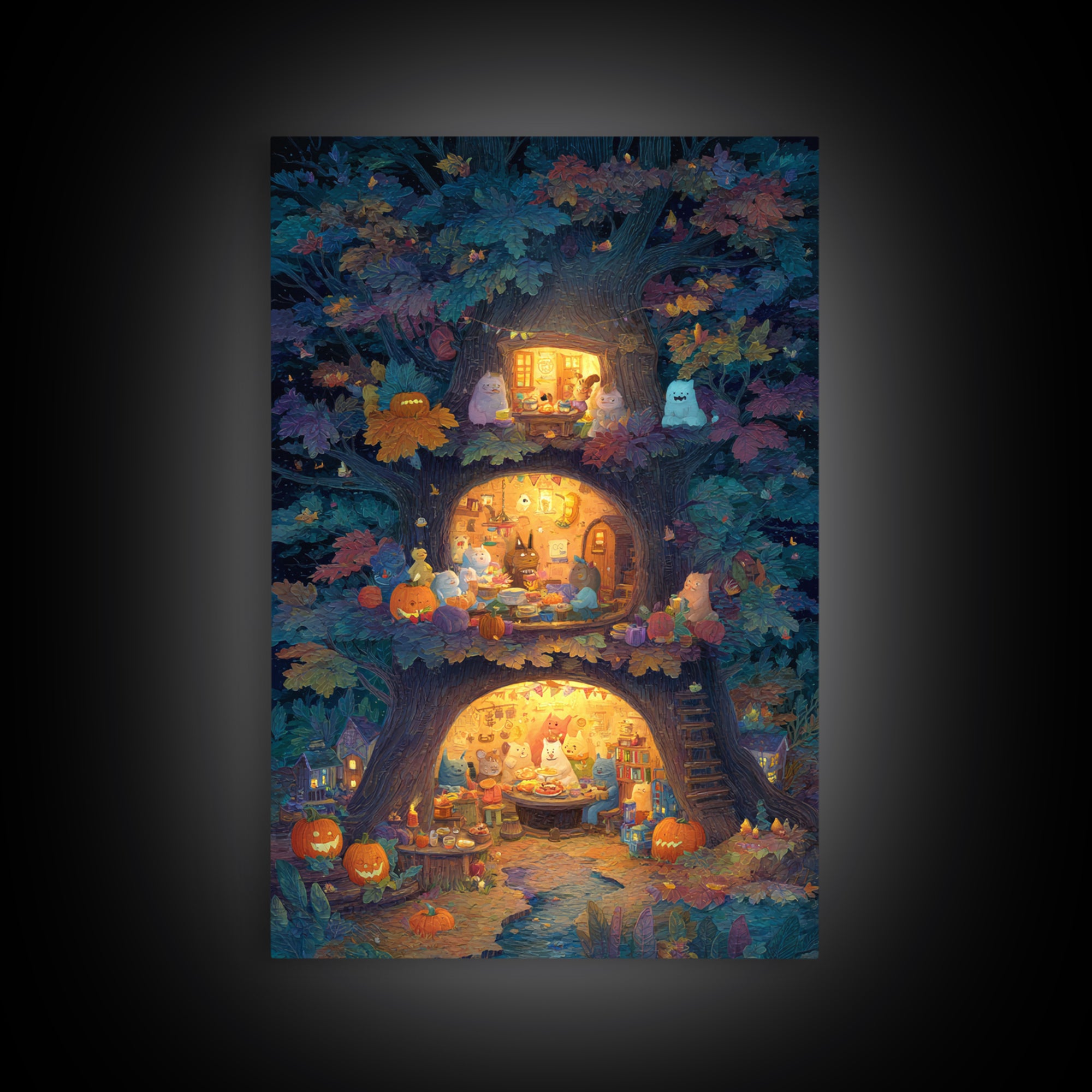 The Cozy Hollow Tree, Gouache Halloween Art, Vertical Wall Art, Canvas Print, Cute Halloween Wall Art