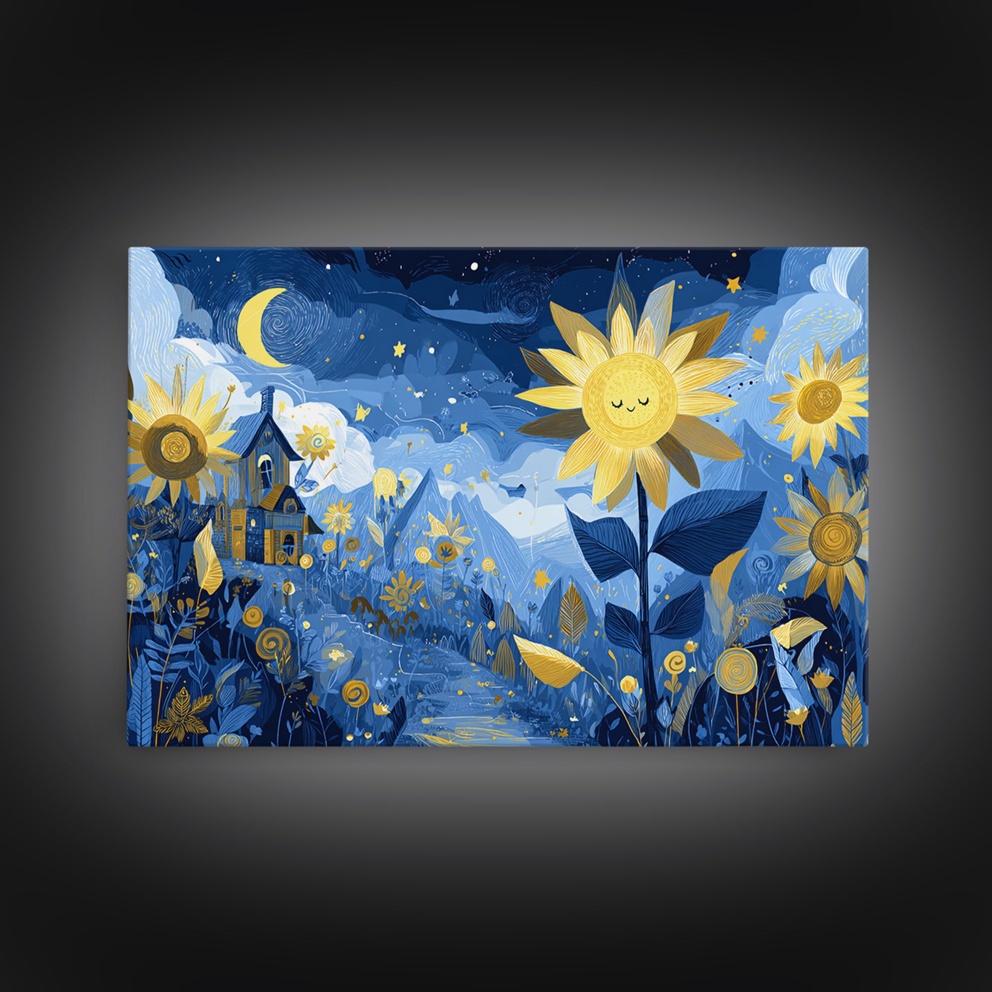 The Singing Sunflowers At Midnight, Crayon Halloween Art, Landscape Wall Art, Framed Canvas Print, Cute Halloween Wall Art