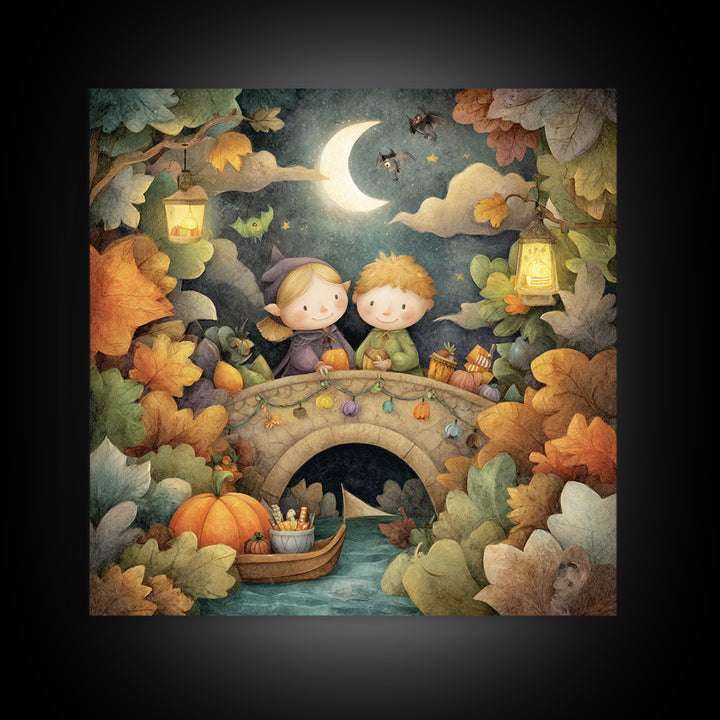 The Autumn Fairy Bridge, Pastel Halloween Art, Square Wall Art, Canvas Print, Cute Halloween Wall Art