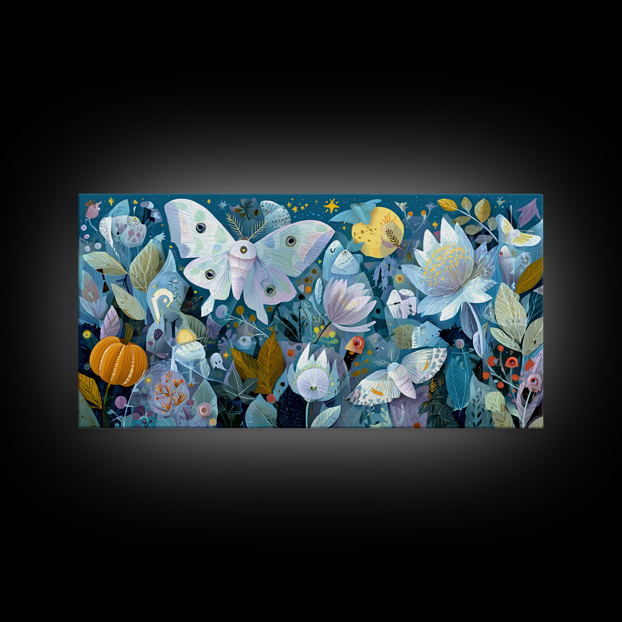 The Moon-Moth Garden, Paper Collage Halloween, Wide Panoramic Art, Framed Canvas Print, Cute Halloween Wall Art