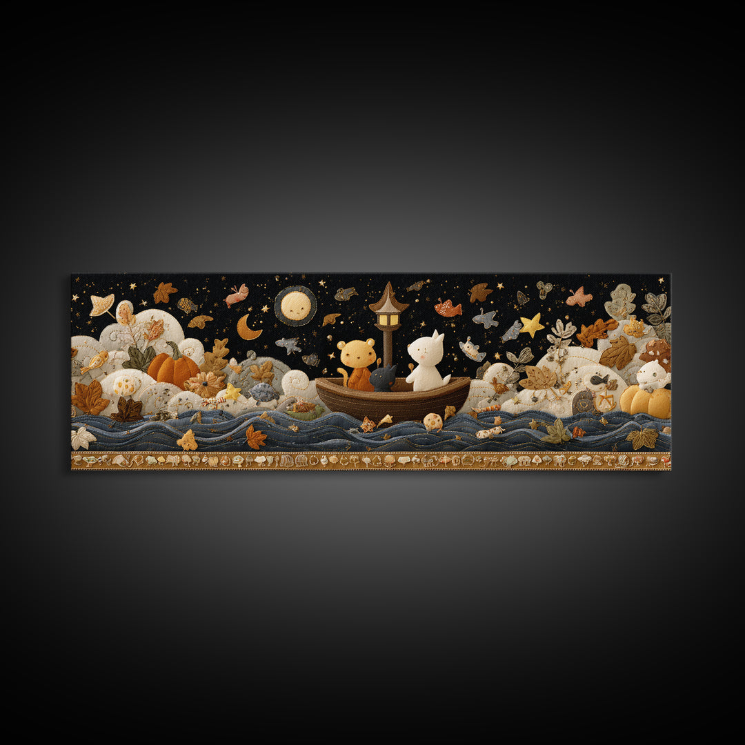 The Golden Leaf River, Felt Halloween Art, Extra Wide Wall Art, Canvas Print, Cute Halloween Wall Art