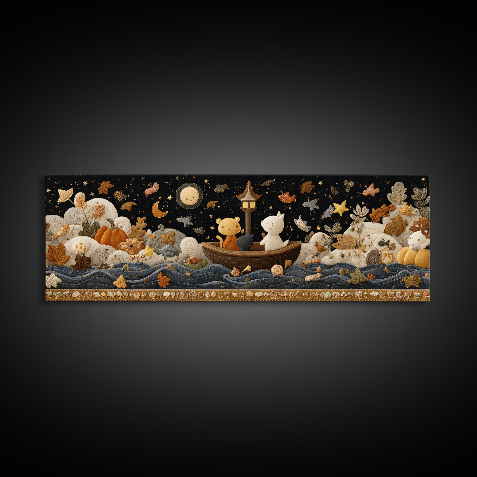 The Golden Leaf River, Felt Halloween Art, Extra Wide Wall Art, Canvas Print, Cute Halloween Wall Art