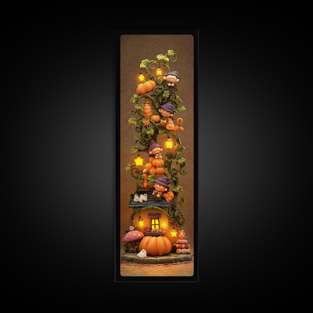 The Pumpkin Vine Swing, Clay Halloween Art, Tall Narrow Wall Art, Framed Canvas Print, Cute Halloween Wall Art