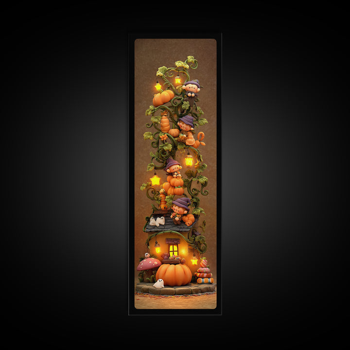 The Pumpkin Vine Swing, Clay Halloween Art, Tall Narrow Wall Art, Framed Canvas Print, Cute Halloween Wall Art