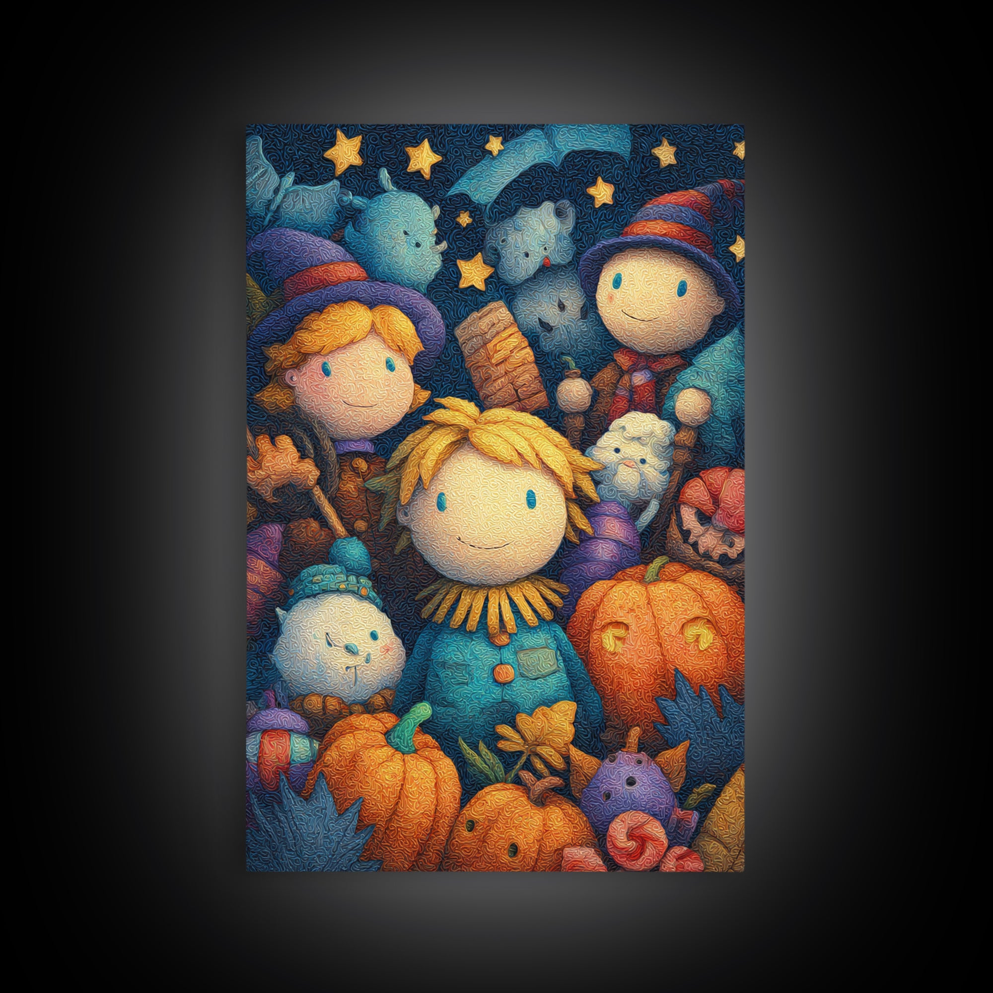 The Starry Cornfield Maze, Plush Halloween Art, Vertical Wall Art, Canvas Print, Cute Halloween Wall Art