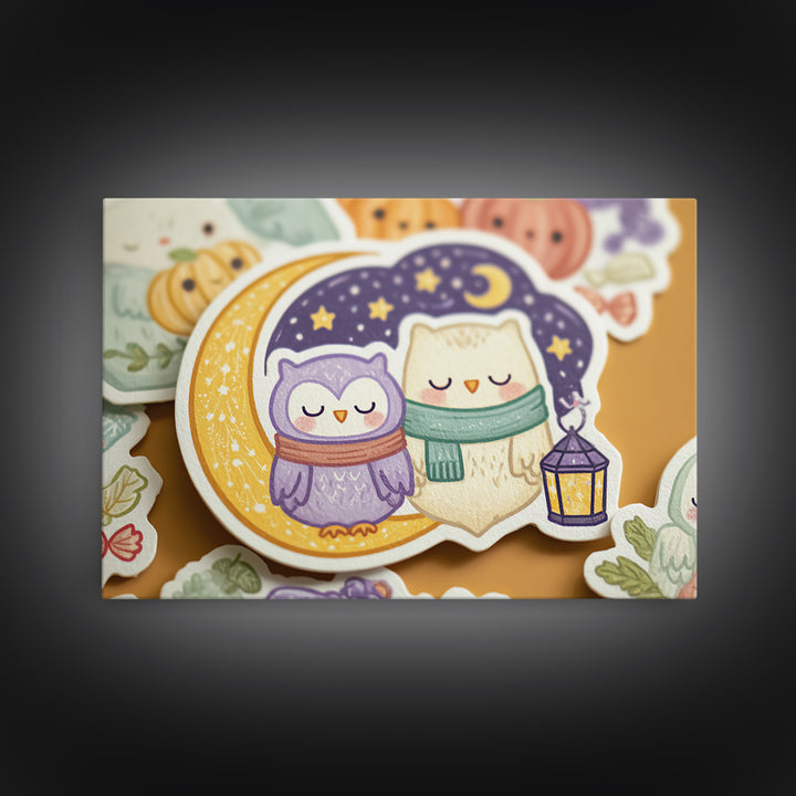 The Owl And The Crescent Moon, Kawaii Halloween Art, Landscape Wall Art, Framed Canvas Print, Cute Halloween Wall Art
