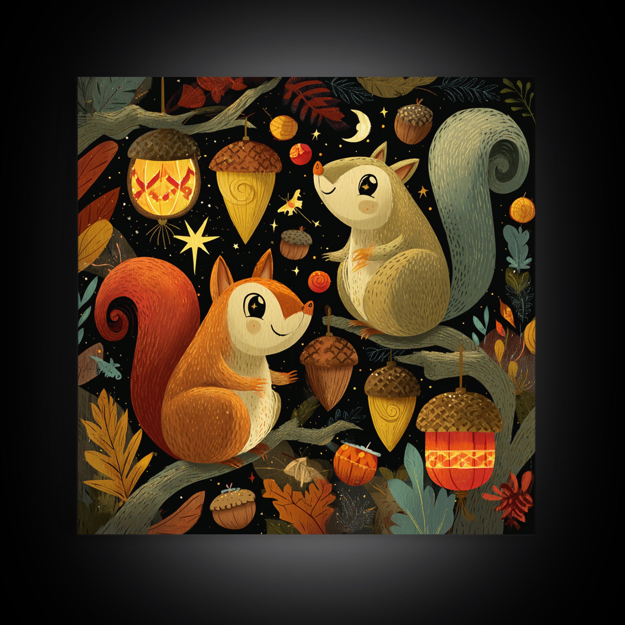 The Acorn Lantern Festival, Retro Halloween Art, Square Wall Art, Canvas Print, Cute Halloween Wall Art