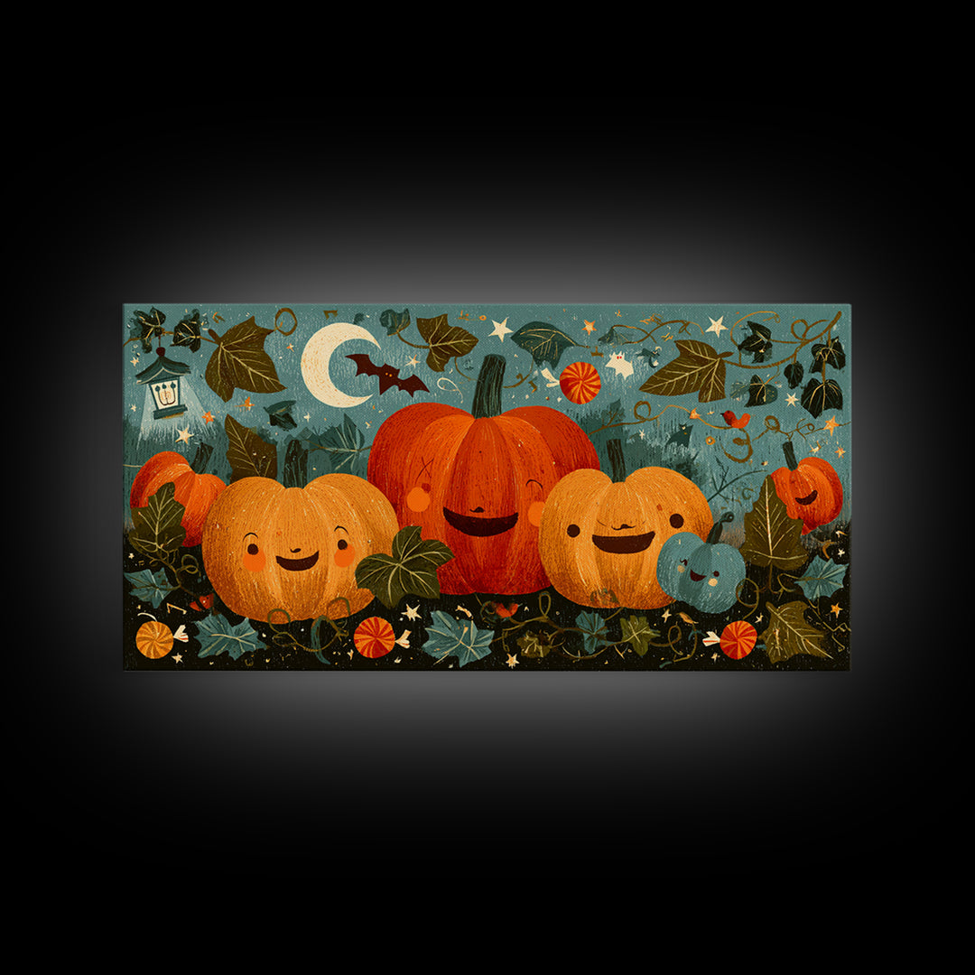 The Singing Pumpkin Patch, Screenprint Halloween Art, Wide Panoramic Art, Framed Canvas Print, Cute Halloween Wall Art