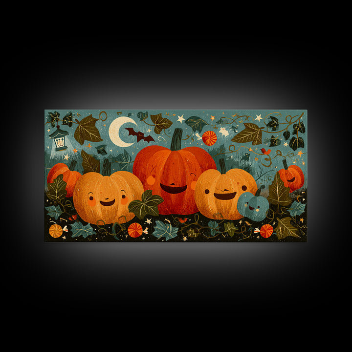The Singing Pumpkin Patch, Screenprint Halloween Art, Wide Panoramic Art, Framed Canvas Print, Cute Halloween Wall Art
