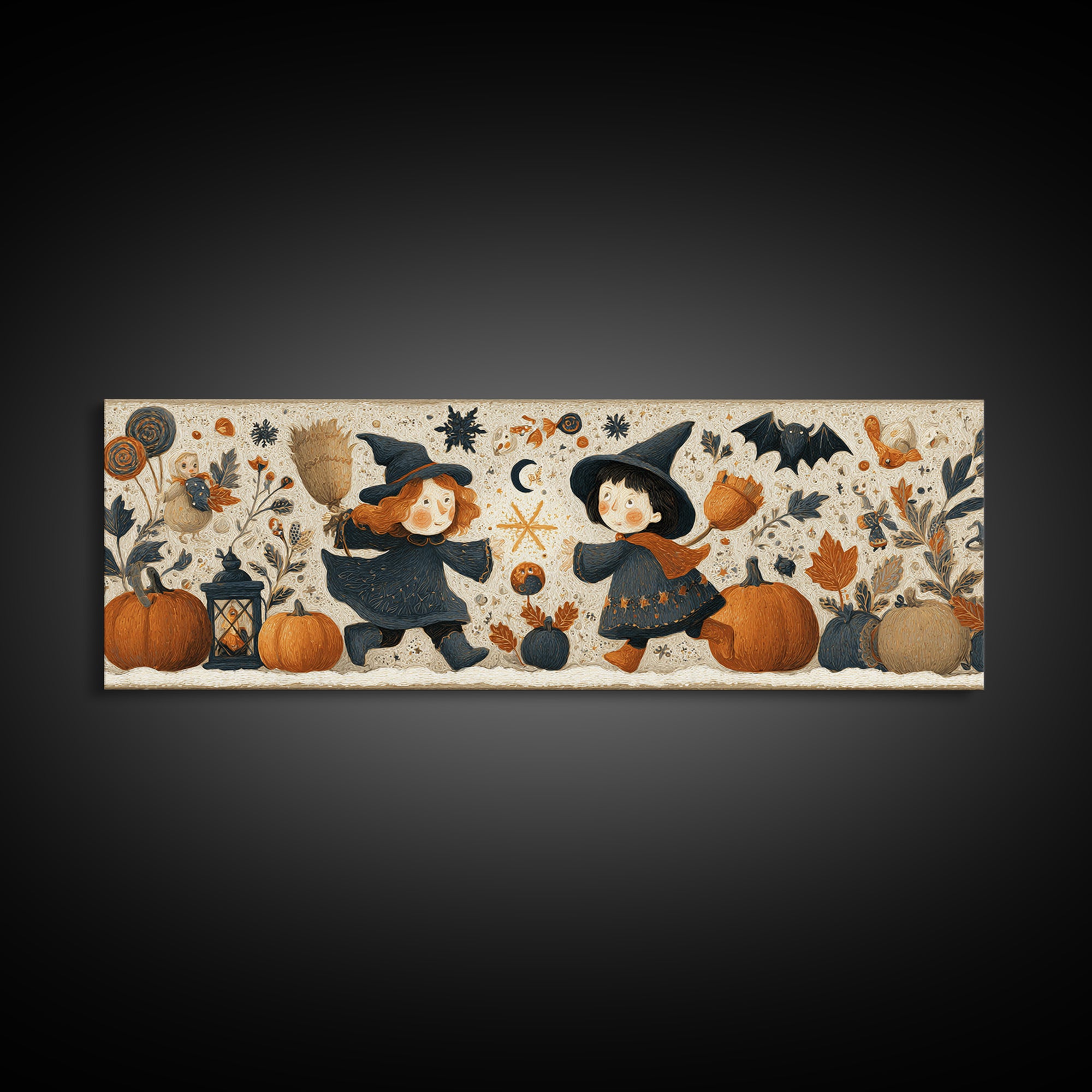 The First Autumn Snowflake, Folk Halloween Art, Extra Wide Wall Art, Canvas Print, Cute Halloween Wall Art