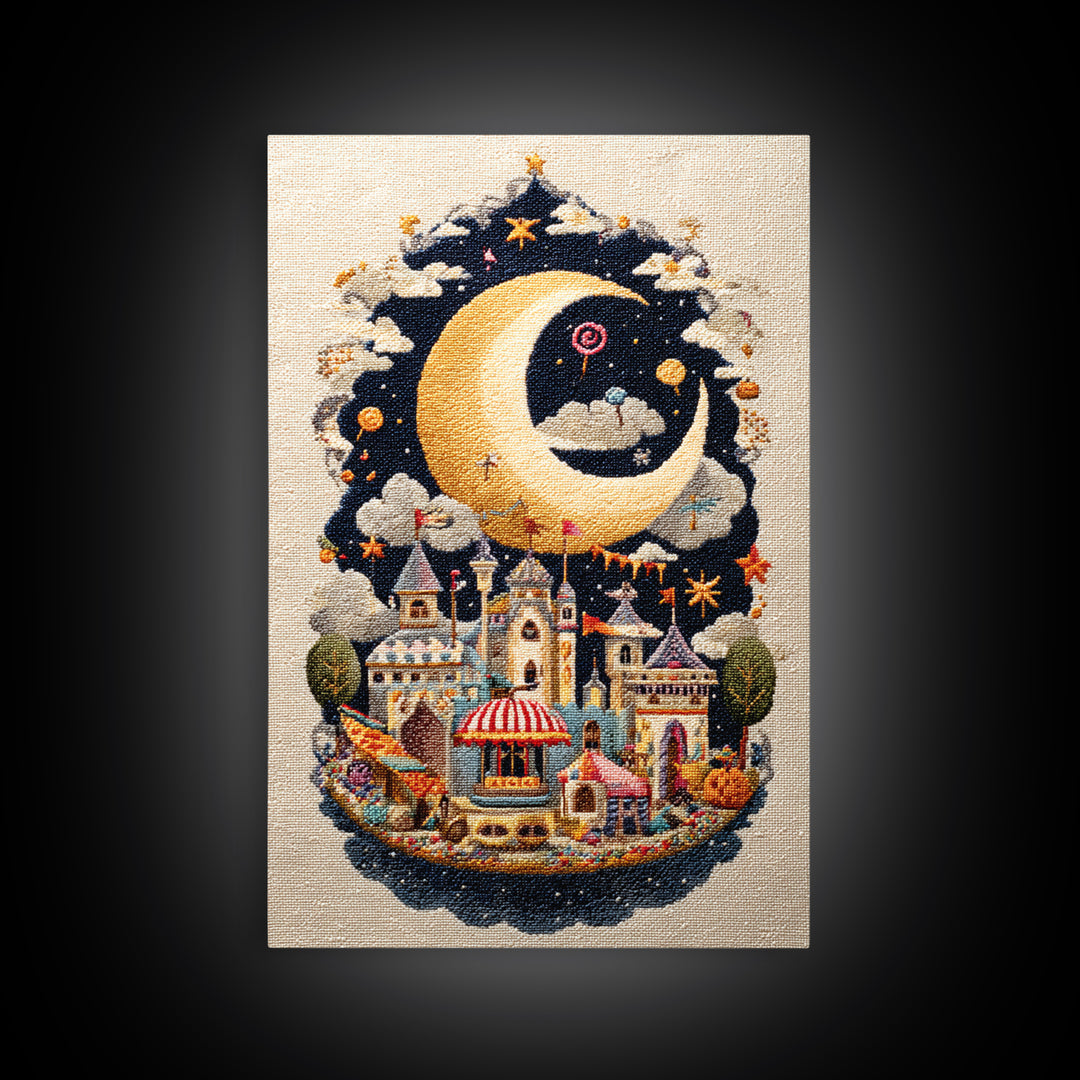 The Tiny Moon Carnival, Embroidered Halloween Art, Vertical Wall Art, Canvas Print, Cute Halloween Wall Art