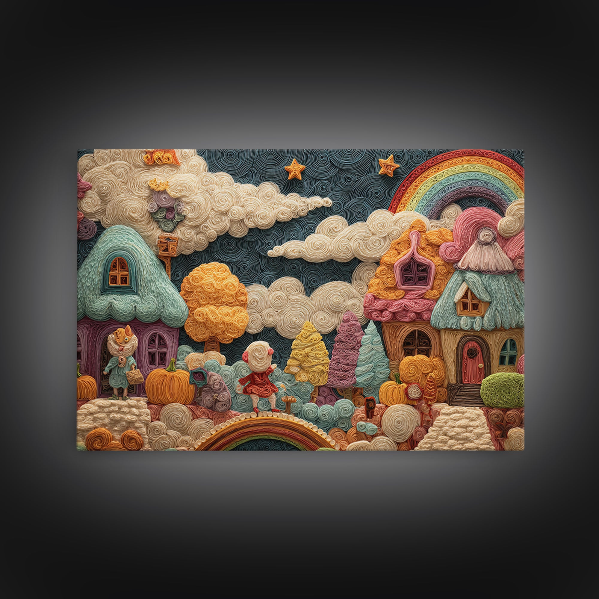 The Upside-Down Candy Kingdom, Quilled Halloween Art, Landscape Wall Art, Framed Canvas Print, Cute Halloween Wall Art