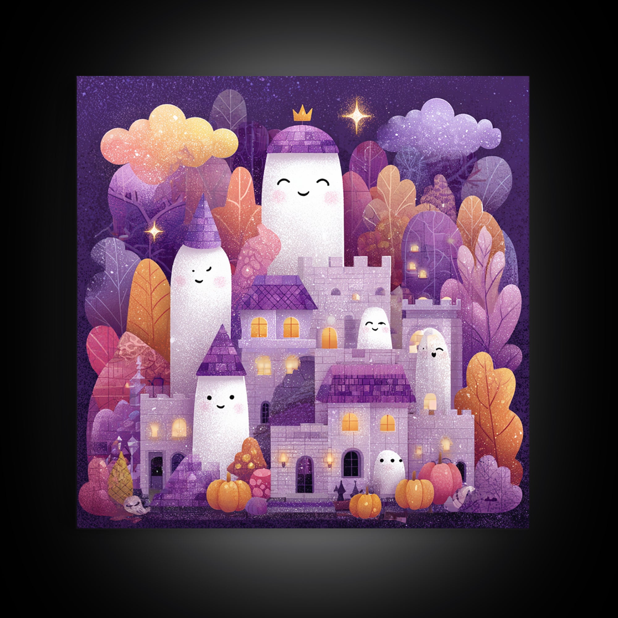The Halloween Cloud Castle, Stained Glass Halloween, Square Wall Art, Canvas Print, Cute Halloween Wall Art