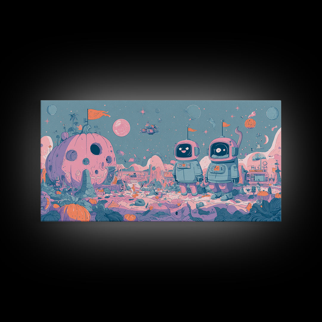 The Pumpkin Moon Expedition, Vaporwave Halloween Art, Wide Panoramic Art, Framed Canvas Print, Cute Halloween Wall Art