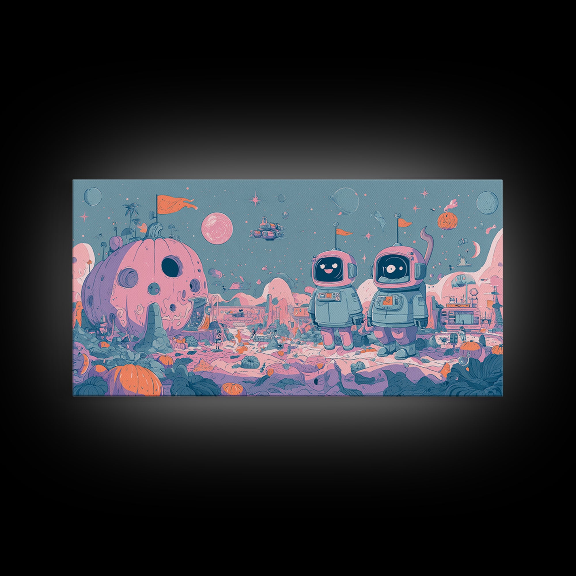 The Pumpkin Moon Expedition, Vaporwave Halloween Art, Wide Panoramic Art, Framed Canvas Print, Cute Halloween Wall Art
