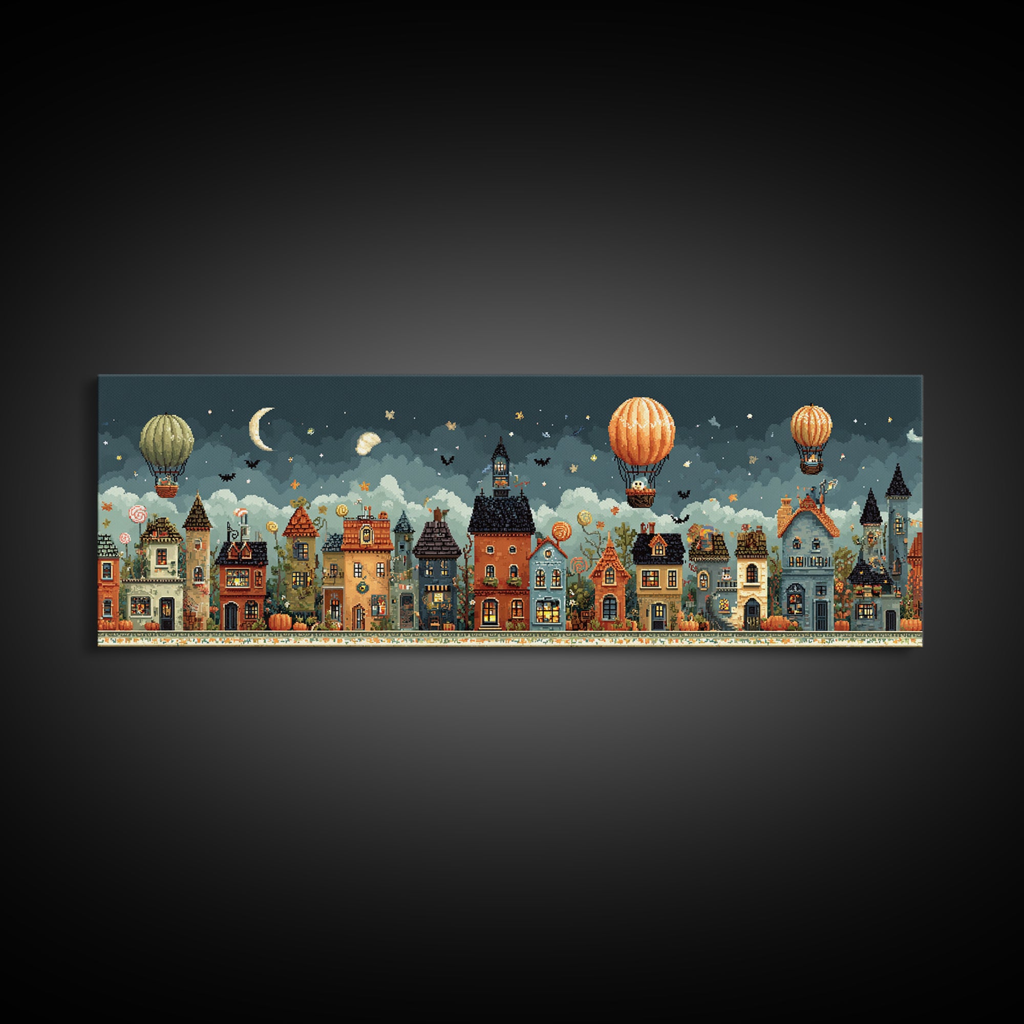 The Ghost Balloon City, Pixel Halloween Art, Extra Wide Wall Art, Canvas Print, Cute Halloween Wall Art