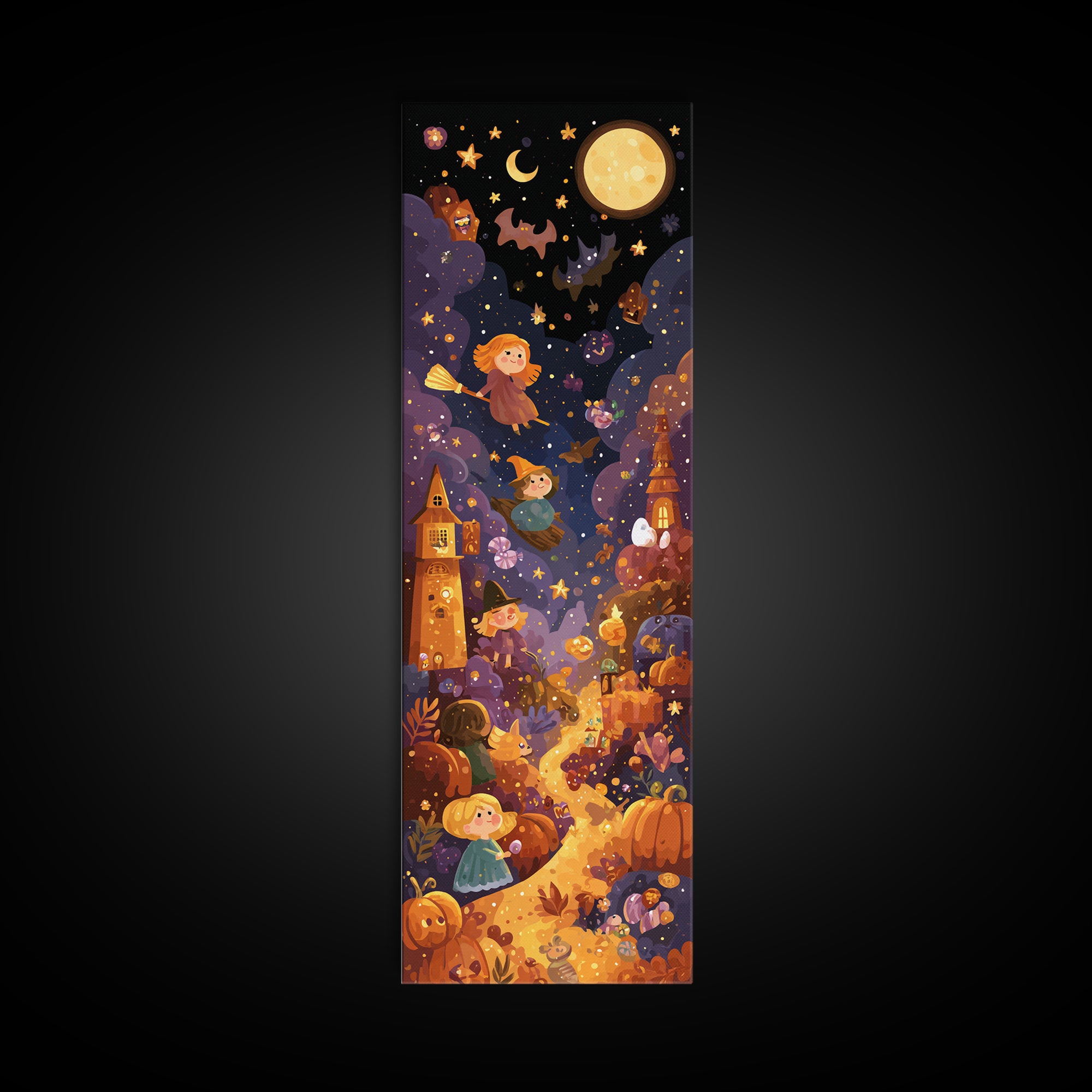 The Candy Comet Adventure, Vector Halloween Art, Tall Narrow Wall Art, Framed Canvas Print, Cute Halloween Wall Art