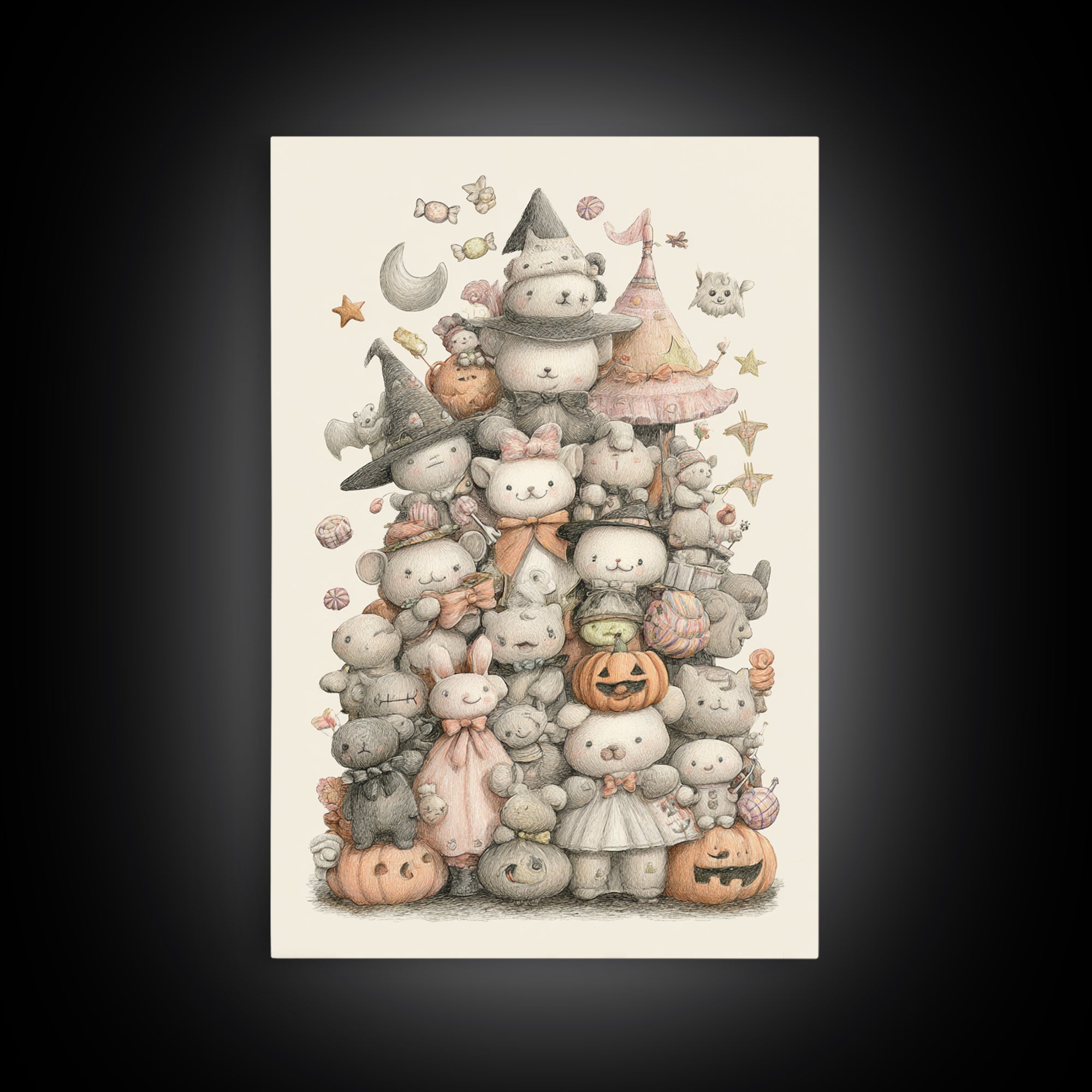 The Halloween Toy Kingdom, Hand Sketch Halloween Art, Vertical Wall Art, Canvas Print, Cute Halloween Wall Art