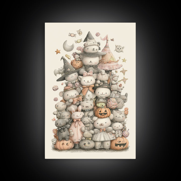 The Halloween Toy Kingdom, Hand Sketch Halloween Art, Vertical Wall Art, Canvas Print, Cute Halloween Wall Art