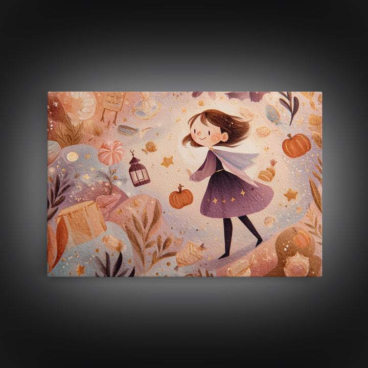 The Magical Costume Workshop, Watercolor Halloween Art, Landscape Wall Art, Framed Canvas Print, Cute Halloween Wall Art