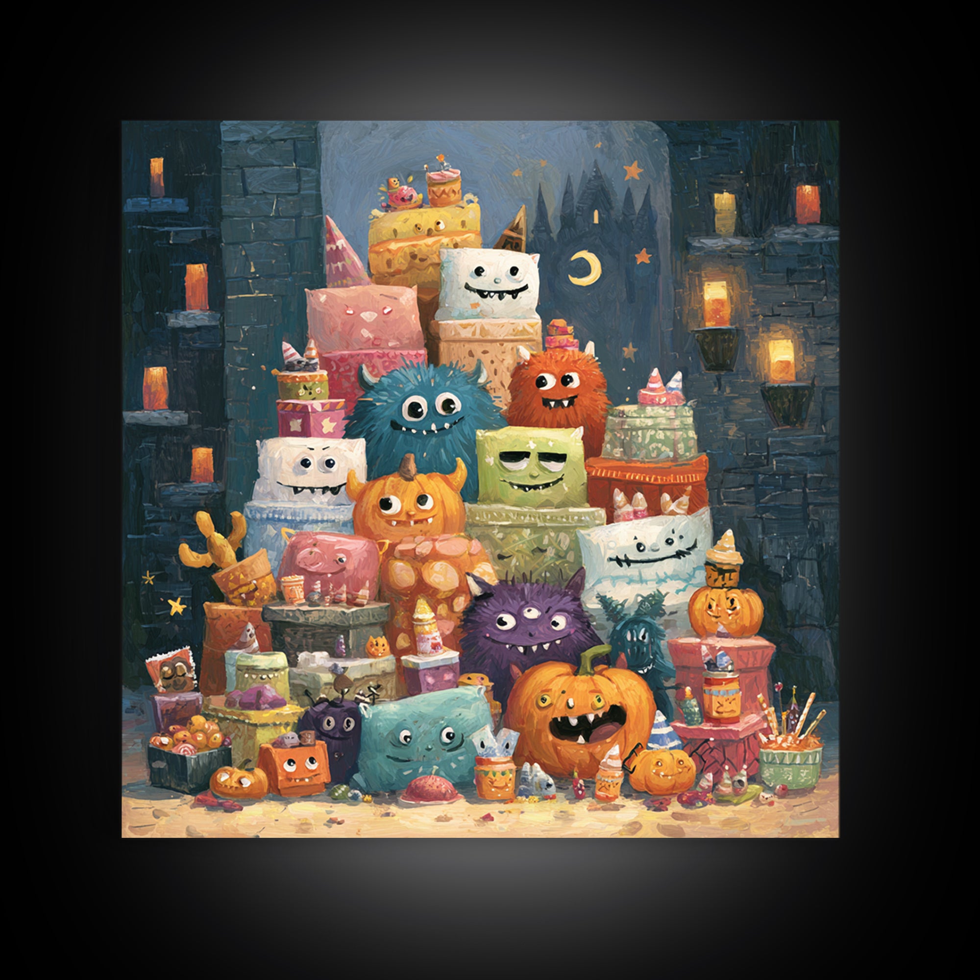 The Great Monster Pajama Party, Gouache Halloween Art, Square Wall Art, Canvas Print, Cute Halloween Wall Art