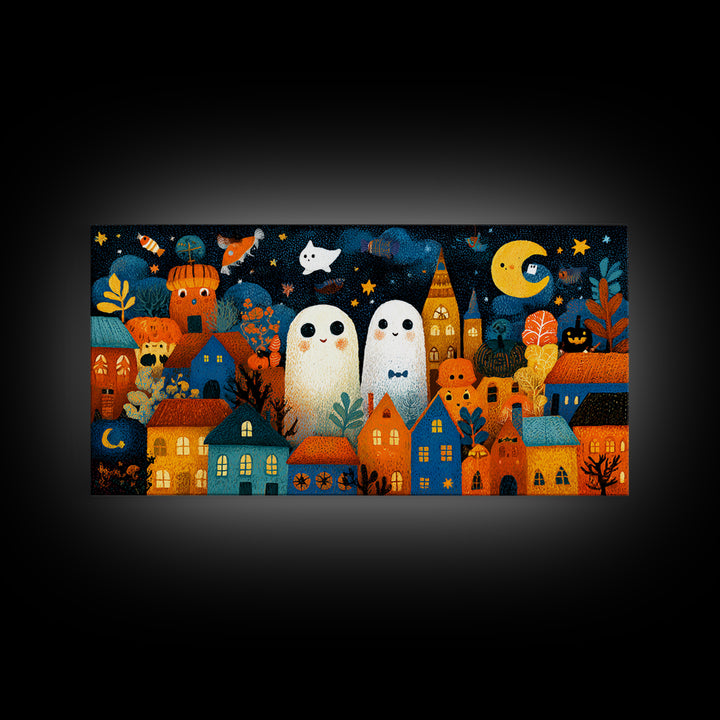 The Rainbow Halloween Night, Crayon Halloween Art, Wide Panoramic Art, Framed Canvas Print, Cute Halloween Wall Art