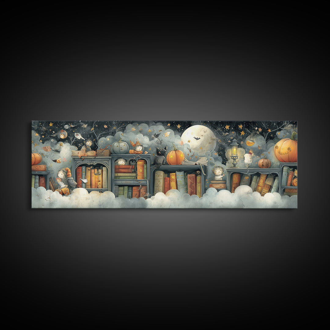 The Enchanted Halloween Library, Pastel Halloween Art, Extra Wide Wall Art, Canvas Print, Cute Halloween Wall Art