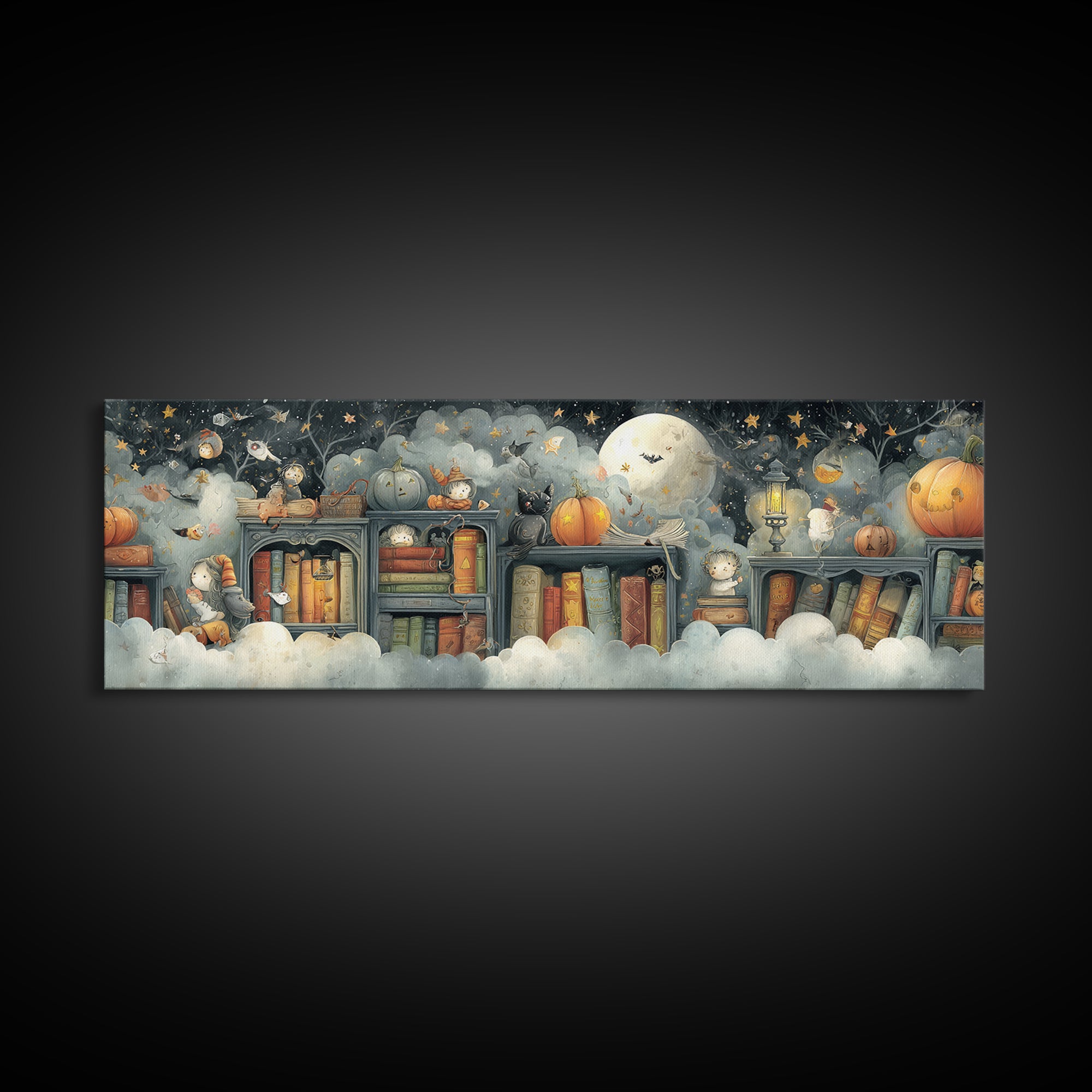 The Enchanted Halloween Library, Pastel Halloween Art, Extra Wide Wall Art, Canvas Print, Cute Halloween Wall Art