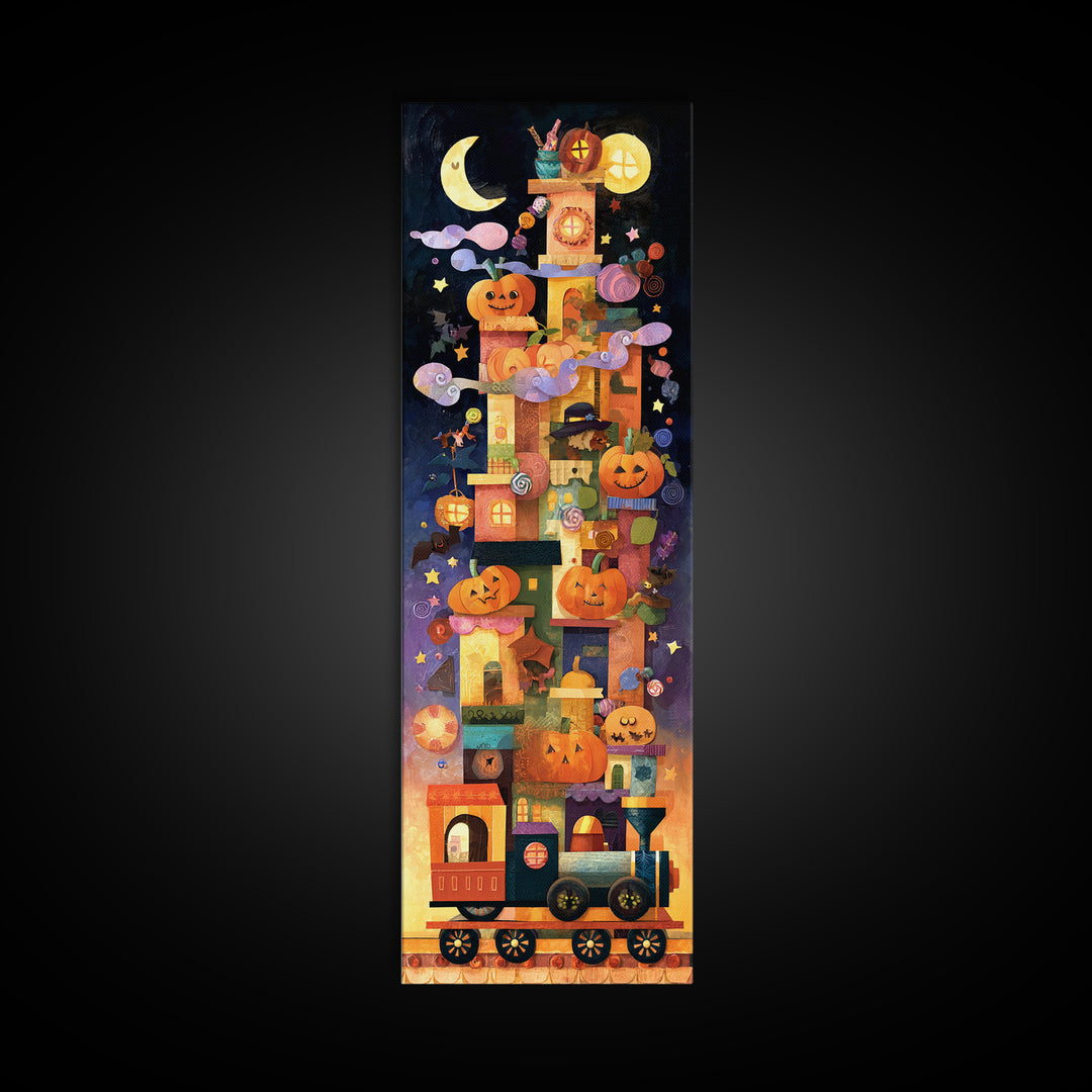 The Trick-Or-Treat Express, Paper Collage Halloween, Tall Narrow Wall Art, Framed Canvas Print, Cute Halloween Wall Art