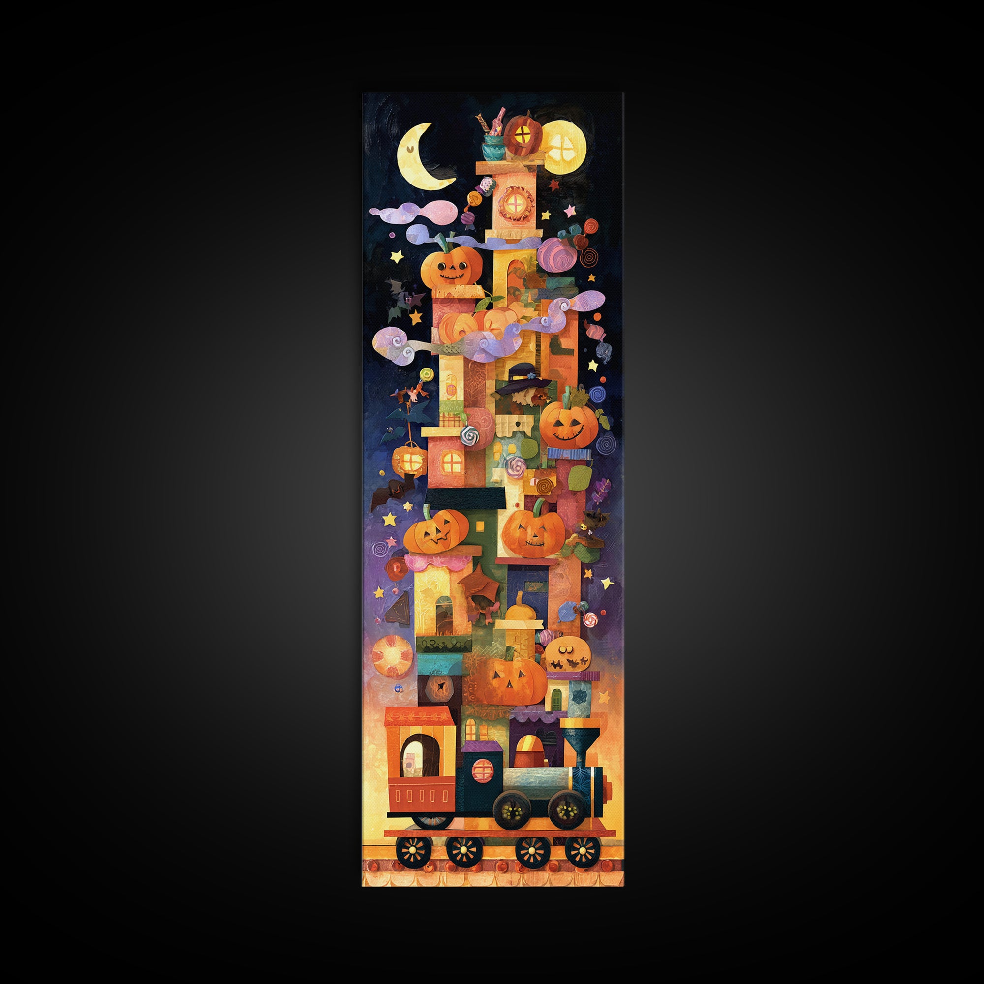 The Trick-Or-Treat Express, Paper Collage Halloween, Tall Narrow Wall Art, Framed Canvas Print, Cute Halloween Wall Art