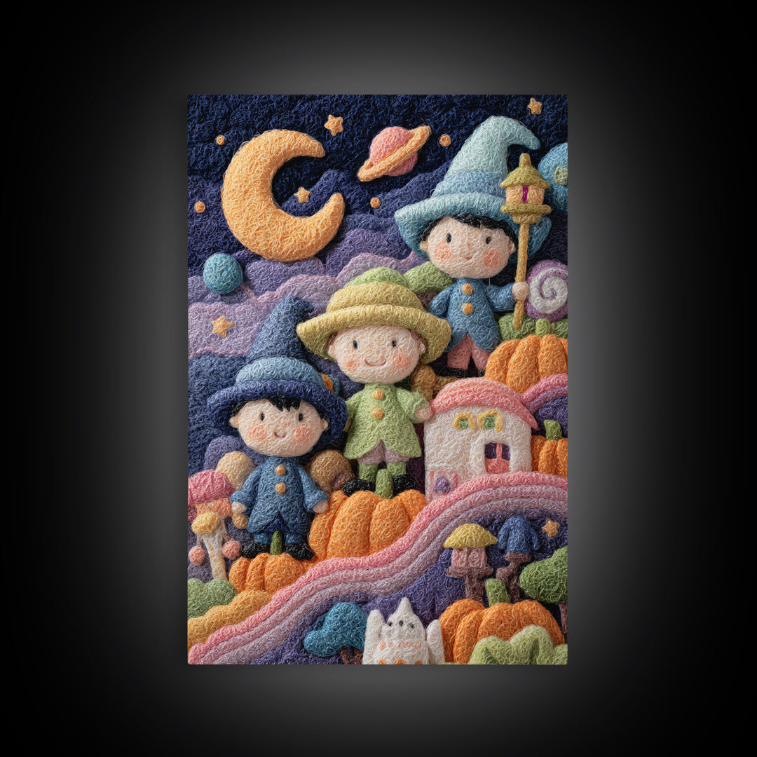 The Parade Across The Stars, Felt Halloween Art, Vertical Wall Art, Canvas Print, Cute Halloween Wall Art