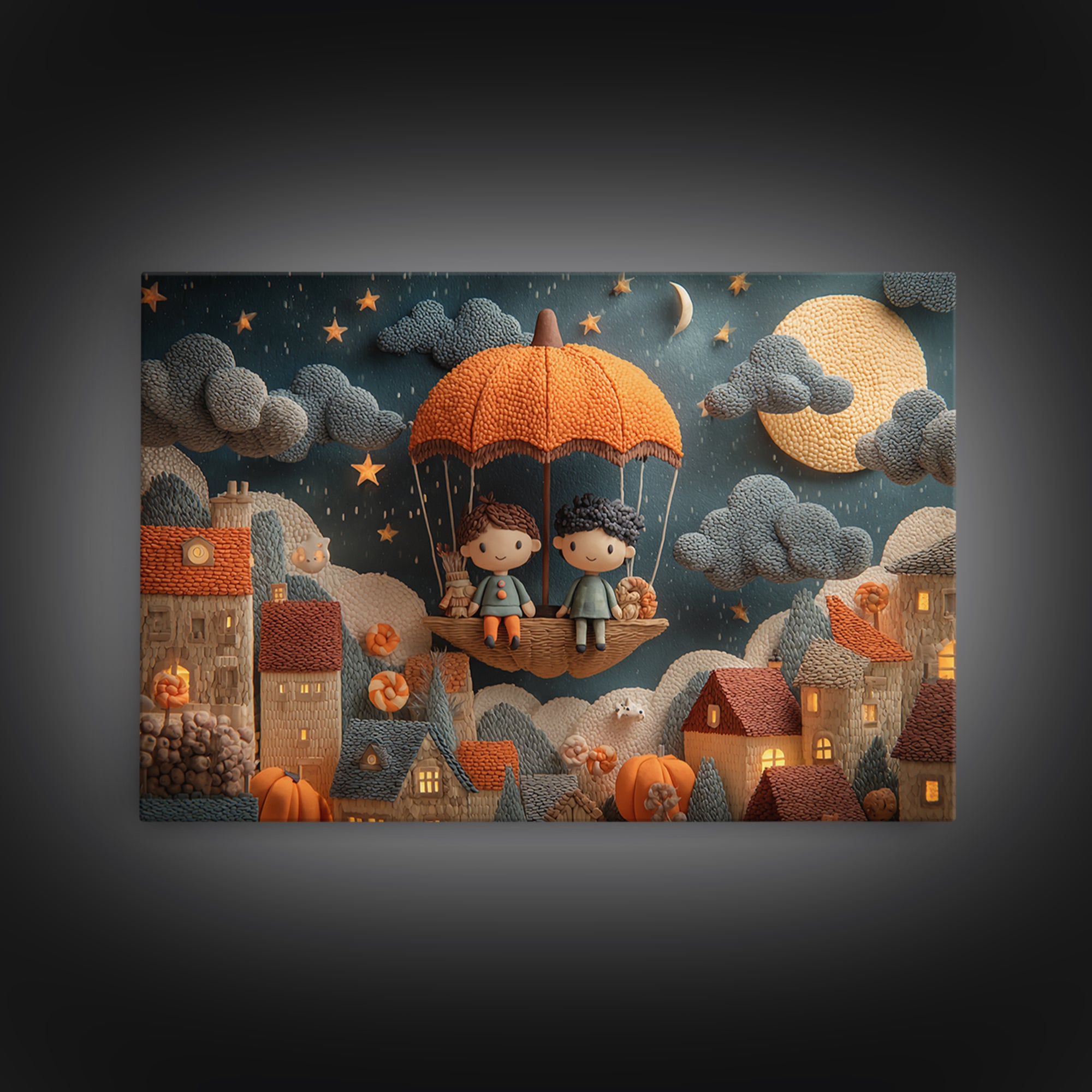 The Enchanted Umbrella Adventure, Clay Halloween Art, Landscape Wall Art, Framed Canvas Print, Cute Halloween Wall Art