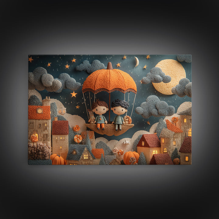 The Enchanted Umbrella Adventure, Clay Halloween Art, Landscape Wall Art, Framed Canvas Print, Cute Halloween Wall Art