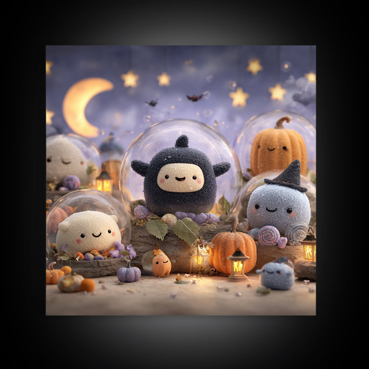 The Halloween Bubble Village, Plush Halloween Art, Square Wall Art, Canvas Print, Cute Halloween Wall Art