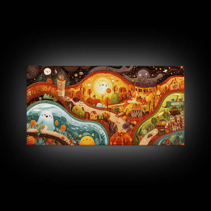 The World Inside A Lantern, Kawaii Halloween Art, Wide Panoramic Art, Framed Canvas Print, Cute Halloween Wall Art