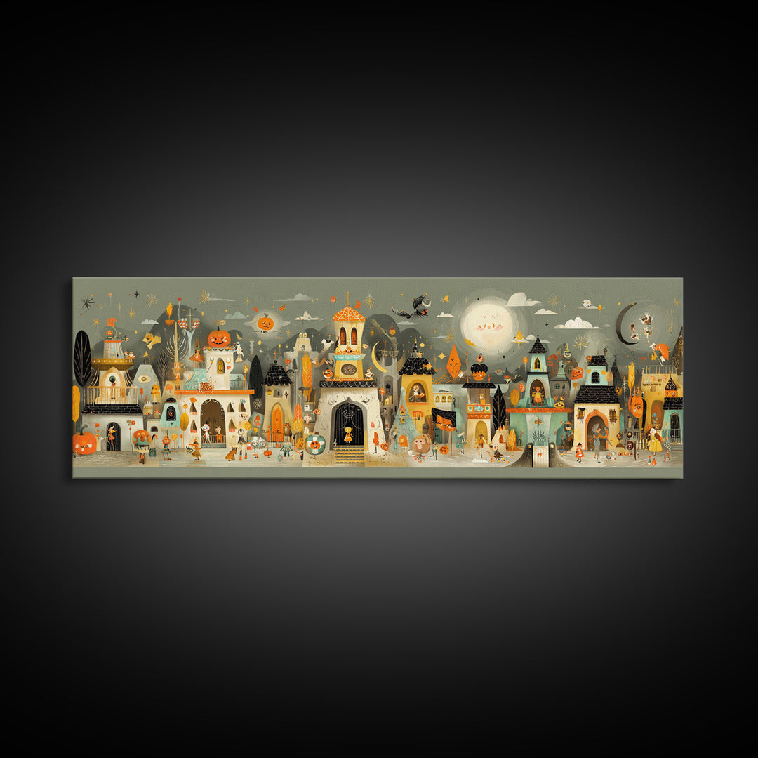 The Costume Planet, Retro Halloween Art, Extra Wide Wall Art, Canvas Print, Cute Halloween Wall Art, Cozy Autumn Kids Decor
