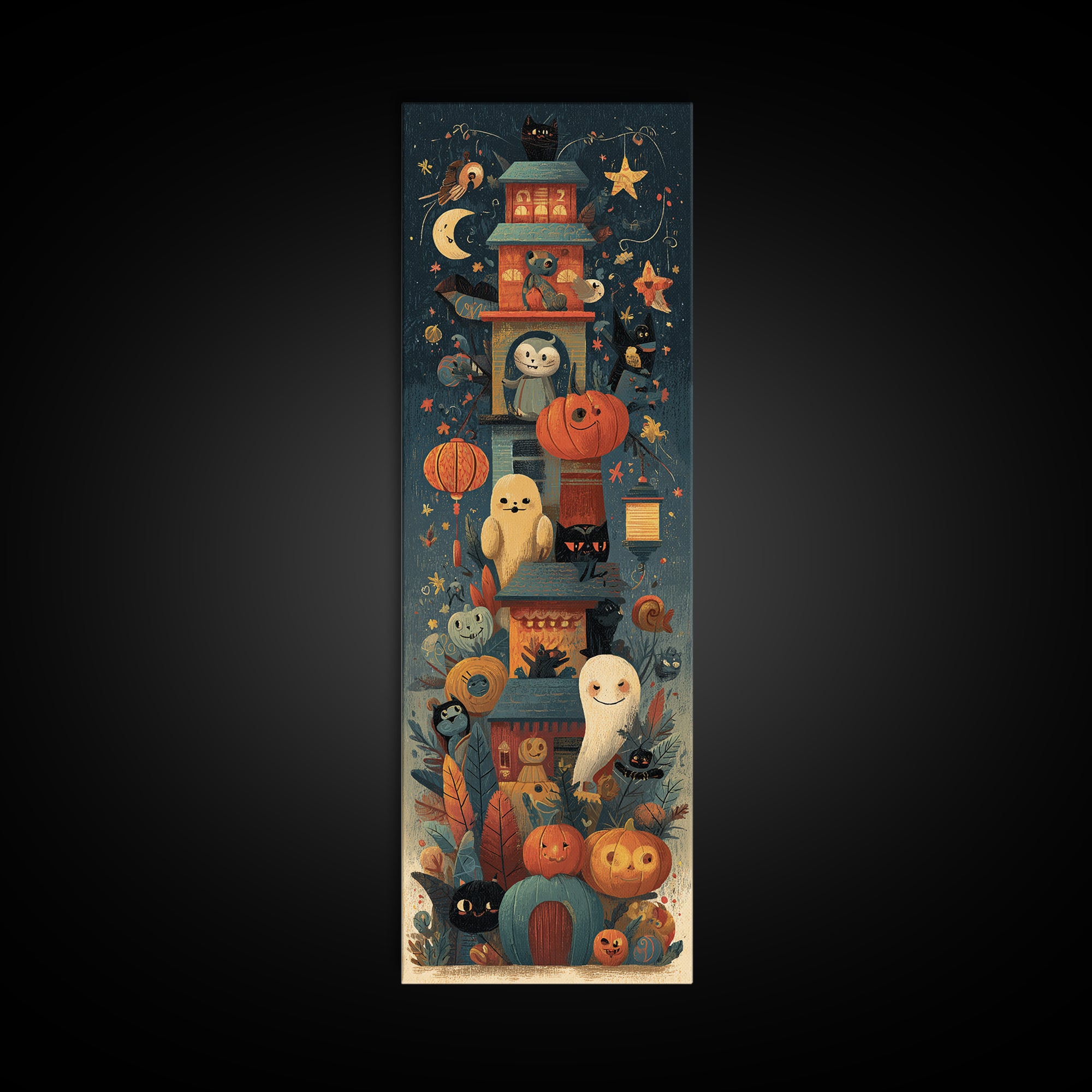 The Festival Of Friendly Frights, Screenprint Halloween Art, Tall Narrow Wall Art, Framed Canvas Print, Cute Halloween Wall Art