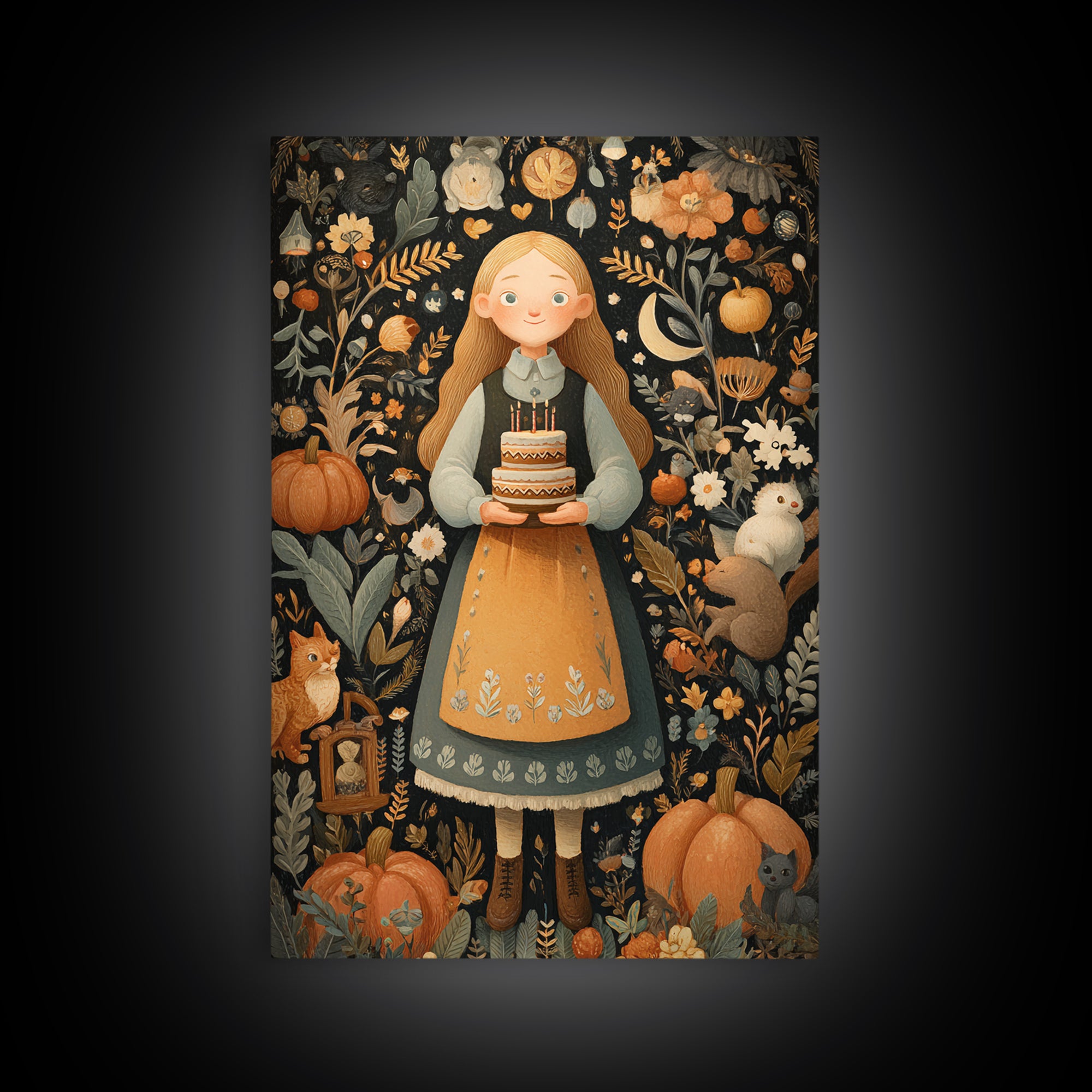 October'S Birthday Party, Folk Halloween Art, Vertical Wall Art, Canvas Print, Cute Halloween Wall Art