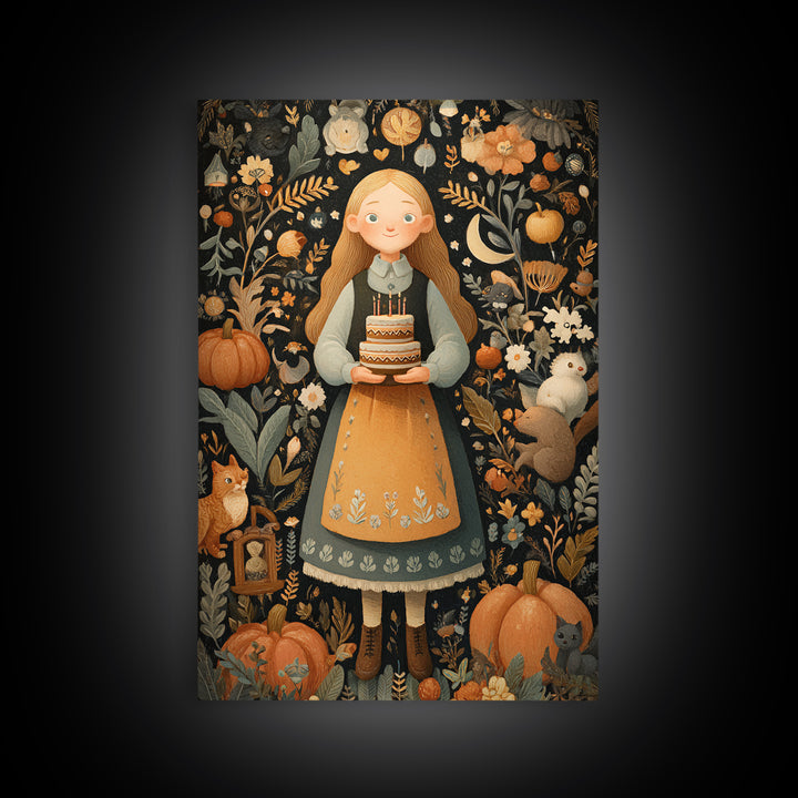October'S Birthday Party, Folk Halloween Art, Vertical Wall Art, Canvas Print, Cute Halloween Wall Art